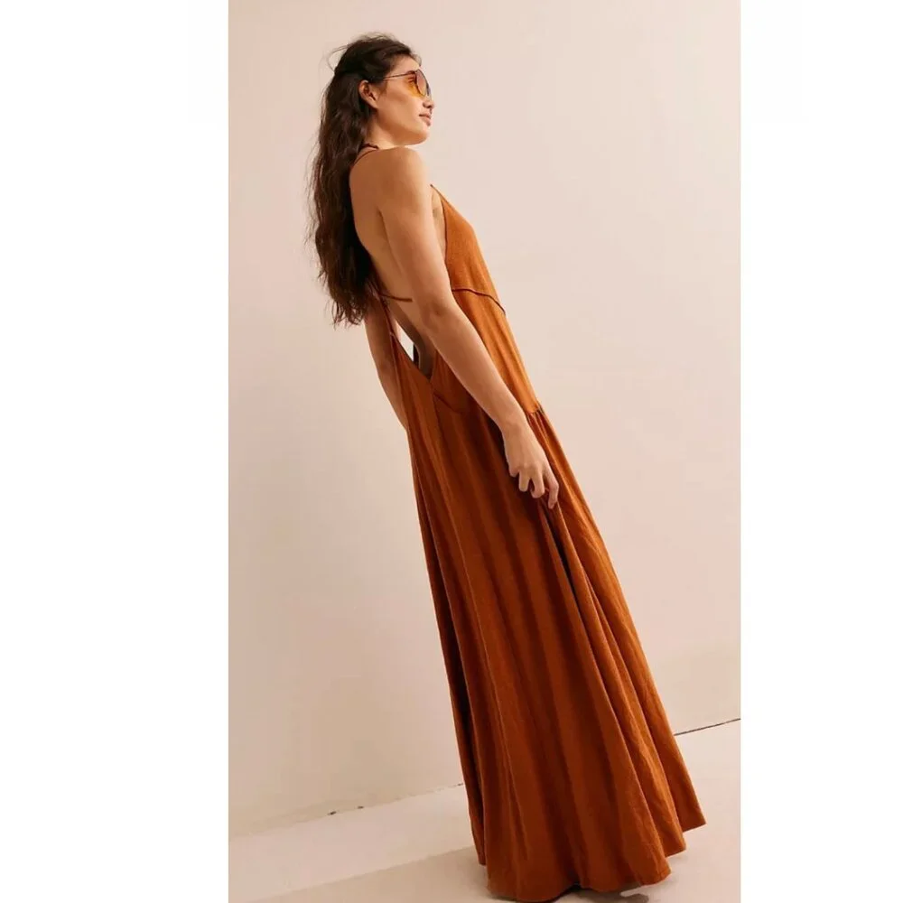 Free People Eros Maxi Dress in Roasted Pecan Copper Brown LARGE NWT - Picture 5 of 8